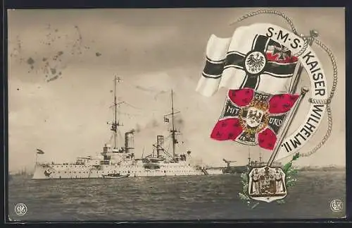 AK Kriegsschiff S. M. S. Kaiser Wilhelm II., Reichskriegsflagge und Wappen