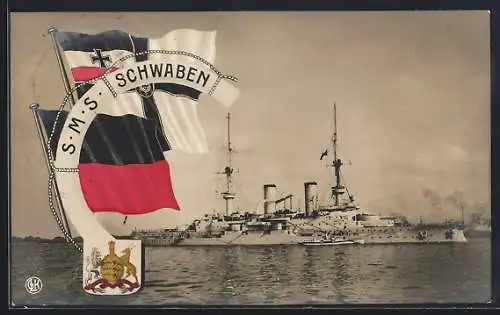 AK Kriegsschiff SMS Schwaben, Reichskriegsflagge und Wappen