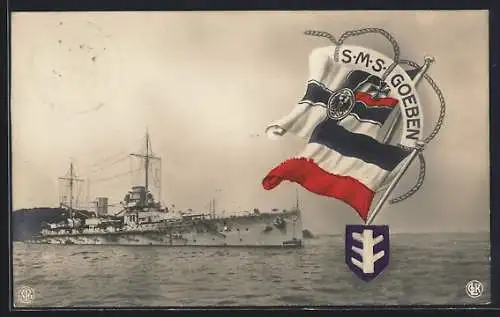 AK Kriegsschiff SMS Goeben, Reichskriegsflagge und Wappen