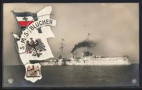 AK Kriegsschiff S.M.S. Blücher mit Reichskriegsflagge und Wappen