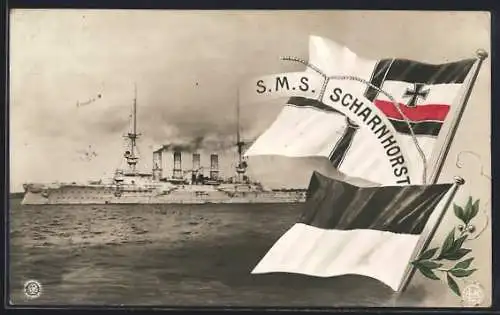 AK Kriegsschiff S.M.S. Scharnhorst, Reichskriegsflagge und Lorbeerzweig