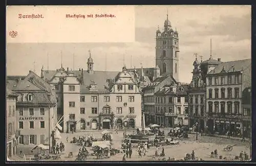 AK Darmstadt, Marktplatz mit Stadtkirche, Laden Gustav Landau, Geschäft von J. A. Zoepperitz, Händler