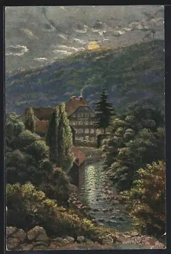 Künstler-AK Weinheim a. d. Bergstrasse, Gasthaus Fuchs`sche Mühle im Birkenauer Tal bei Mondschein