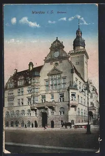 AK Werdau i. S., Rathaus mit Strassenpartie