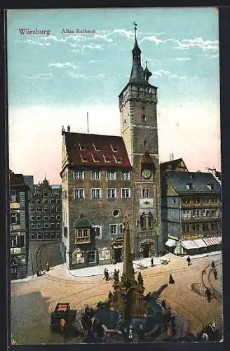 AK Würzburg, Altes Rathaus mit Brunnen aus der Vogelschau