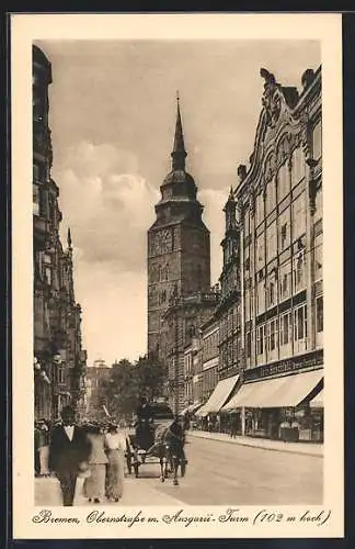 AK Bremen, Blick in die Obernstrasse mit Ansgarii-Turm und Geschäften