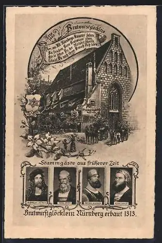 Künstler-AK Nürnberg, Gasthaus Bratwurstglöcklein, Albrecht Dürer, Hans Sachs