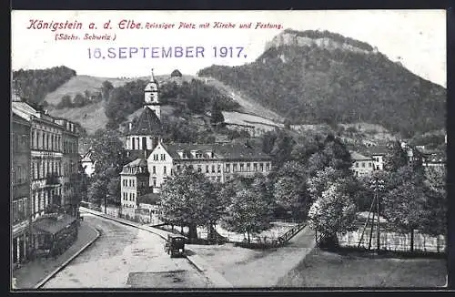 AK Königstein /Elbe, Reissiger Platz mit Kirche und Festung