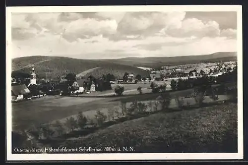 AK Schellerhau /Erzgeb., Totalansicht mit Feldern und Kirche