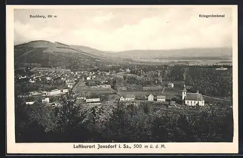 AK Jonsdorf i. Sa., Teilansicht mit Buchberg und Kriegerdenkmal