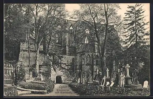 AK Oybin, Kirchruine mit Kirchhof