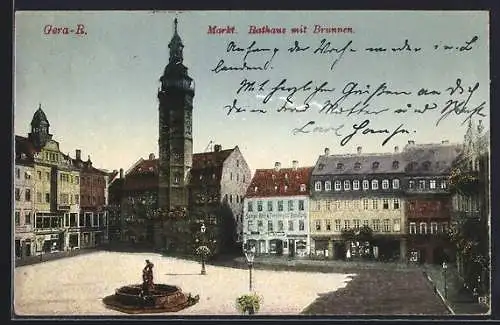 AK Gera, Markt mit Rathaus und Brunnen