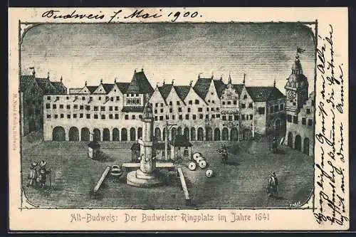 Künstler-AK Budweis, Der Ringplatz im Jahre 1641