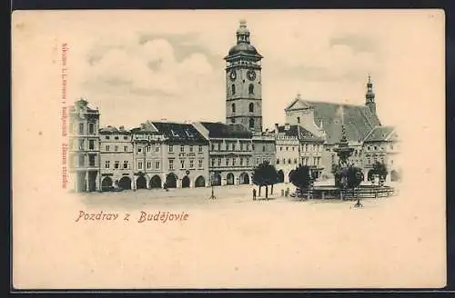 AK Budejovice, Strassenpartie mit Brunnen