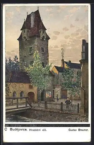 Künstler-AK Budweis / Ceske Budejovice, Schanzturm in der Reichsstrasse