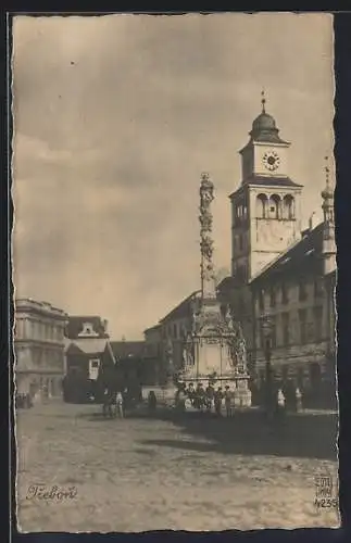 AK Trebon, Masaryk-Platz mit Mariensäule