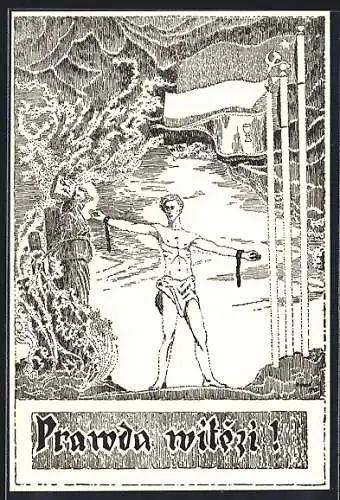 Künstler-AK Tabor, 6. cervenec 1945, Manifestace Jihoceskeho Lidu na Kozim hradku u Tabora