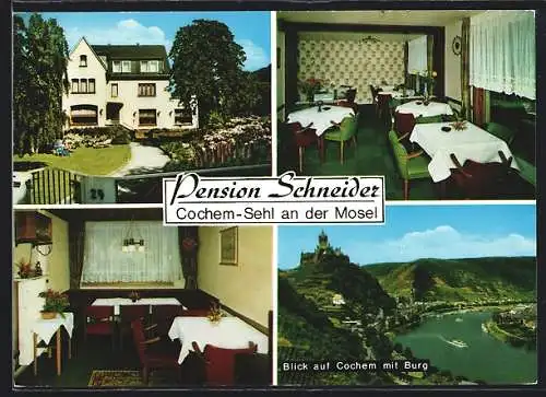 AK Cochem-Sehl, Pension Schneider, Blick auf Cochem mit Burg