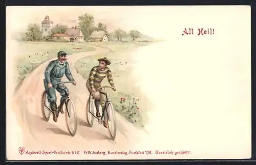 Lithographie Zwei Fahrradfahrer auf Rennrädern