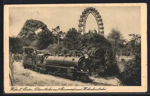 AK Wien, Liliputbahn in Fahrt, Riesenrad, Kleinbahn