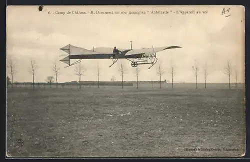 AK Camp de Chalons, M. Demanest sur son monoplan Antoinette, Eindecker-Flugzeug