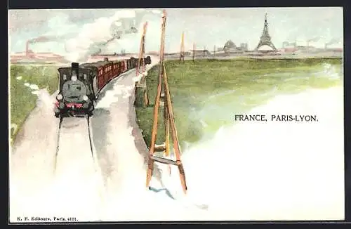 Lithographie Paris, französische Eisenbahn vor Stadtpanorama