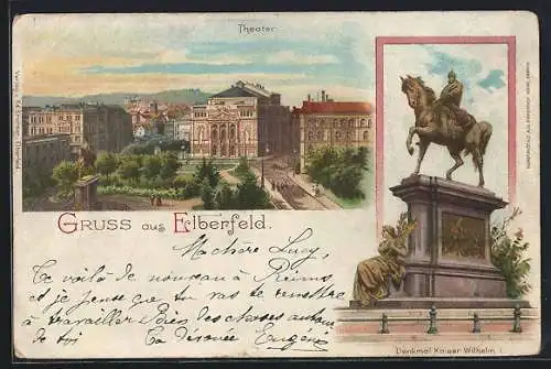 Lithographie Elberfeld, Theater und Denkmal Kaiser Wilhelm I.