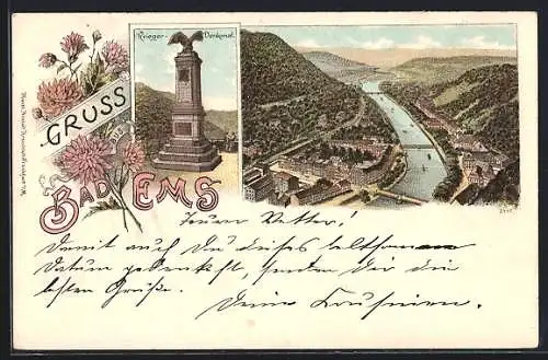 Lithographie Bad Ems, Teilansicht aus der Vogelschau und Kriegerdenkmal