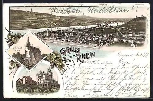 Lithographie Rochusberg, Hotel Rochusberg, St. Rochuskapelle, Ortsansicht mit Bingen, Burg Klopp und National-Denkmal