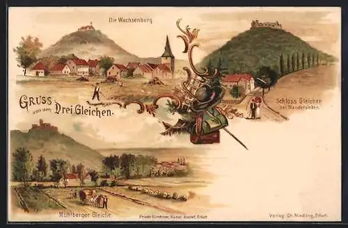 Lithographie Wandersleben, Drei Gleichen, Schloss Gleichen, Wachsenburg, Mühlberger Gleiche