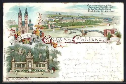 Lithographie Coblenz, Kastorkirche, Kaiserin Augusta-Denkmal, Panorama mit Flussbrücke