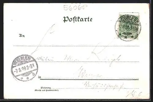 Lithographie Coblenz, Kastorkirche, Kaiserin Augusta-Denkmal, Panorama mit Flussbrücke