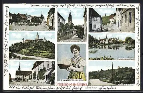 AK Orlamünde-Naschhausen, Oberer Markt, Leuchtenburg, Kirche, Frau in thüringischer Tracht mit Klössen