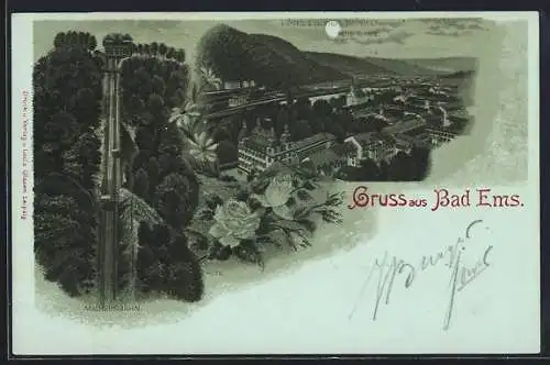 Mondschein-Lithographie Bad Ems, Teilansicht mit Hotel z. d. Vier Türmen und der neuen Kirche, Malbergbahn