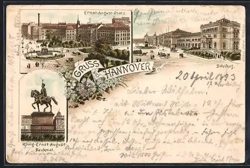 Lithographie Hannover, Ernst-August-Platz, Bahnhof, König-Ernst-August-Denkmal