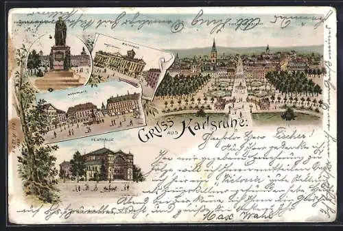 Lithographie Karlsruhe, Festhalle, Rathaus, Marktplatz, Totalansicht