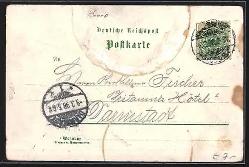 Lithographie Karlsruhe, Festhalle, Rathaus, Marktplatz, Totalansicht