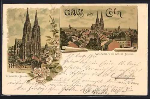 Lithographie Köln, Dom von St. Andreas aus, Ortsansicht von St. Georgen aus