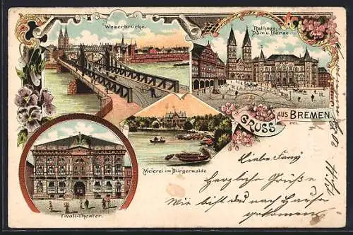 Lithographie Bremen, Meierei im Bürgerwalde, Tivoli-Theater, Weserbrücke, Rathaus, Dom & Börse