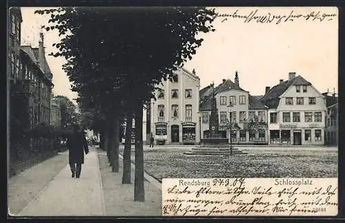 AK Rendsburg, Geschäfte J. P. Schrum und Heinrich Petersen am Schlossplatz