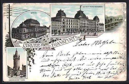 Lithographie Frankfurt /Main, Börse, Eschenheimer Thurm & Reichs Postgebäude