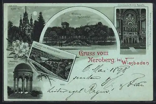 Mondschein-Lithographie Wiesbaden, Neorberg-Restaurant, Griech. Kapelle mit Innenansicht, Neroberg-Tempel