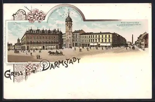 Lithographie Darmstadt, Ernst-Ludwigsplatz, Weisser Turm, Rheinstrasse und Ludwigsmonument, Markt