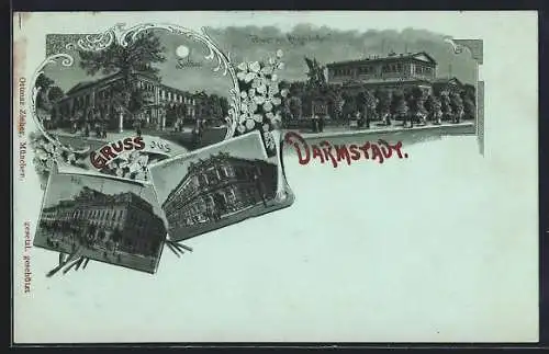 Mondschein-Lithographie Darmstadt, Saalbau, Theater und Kriegerdenkmal, Post, Bankgebäude