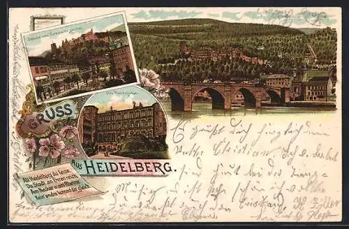 Lithographie Heidelberg, Schloss vom Kornmarkt gesehen, Otto Heinrichsbau, Neckarbrücke