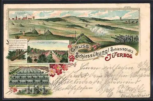 Lithographie Jüterbog, Schiessübung, Schiessplatz, Wellblechbaracken