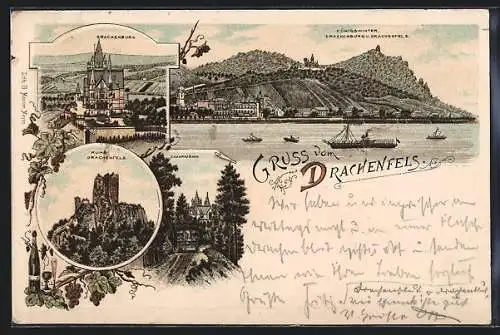 Lithographie Königswinter, Drachenburg und Drachenfels mit Ruine, Zahnradbahn