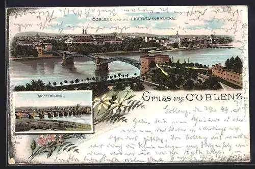 Lithographie Coblenz, Ortsansicht mit Eisenbahnbrücke