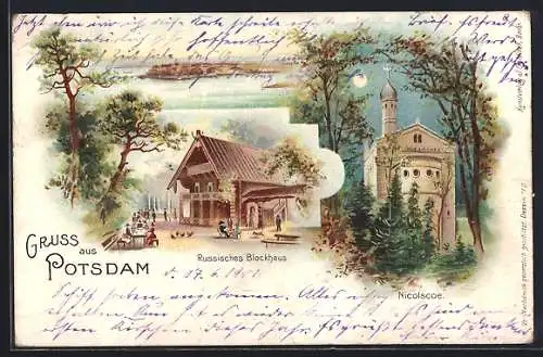 Lithographie Potsdam, Russisches Blockhaus und Nicolscoe