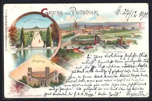 Lithographie Potsdam, Blick auf Sanssouci, Pfingstberg, Panorama der Stadt